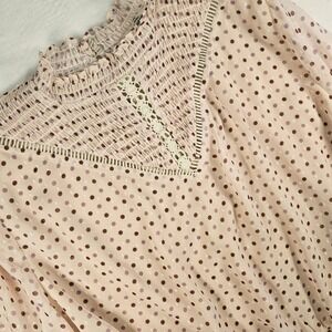 Entro Pink Polka Dot Smocked High Neck Blouse Crochet Lace Trim Small